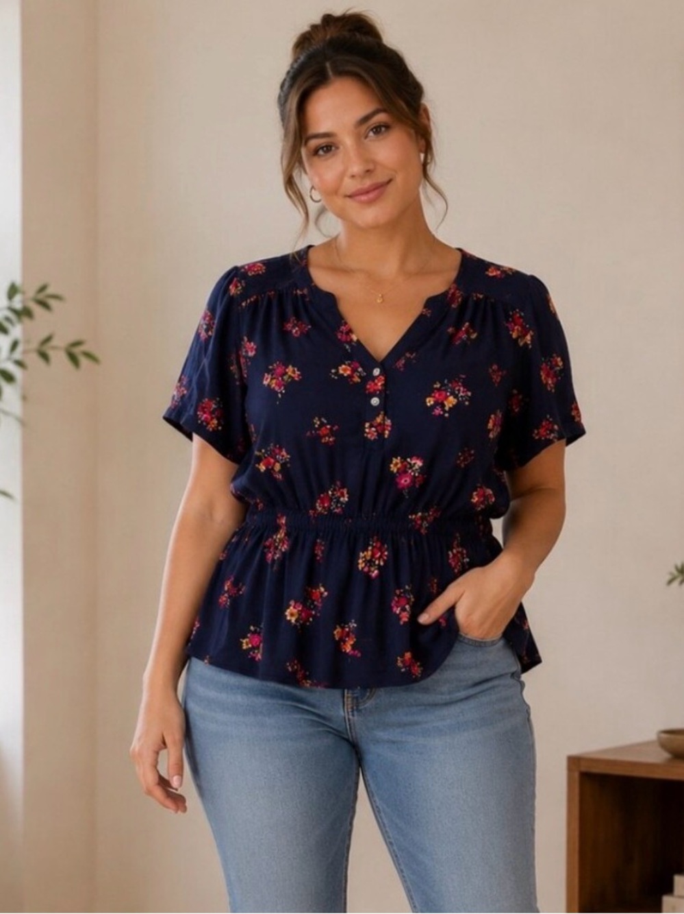 Democracy Small Navy Floral Peplum Blouse Ditsy Print V Neck Button Boho Top